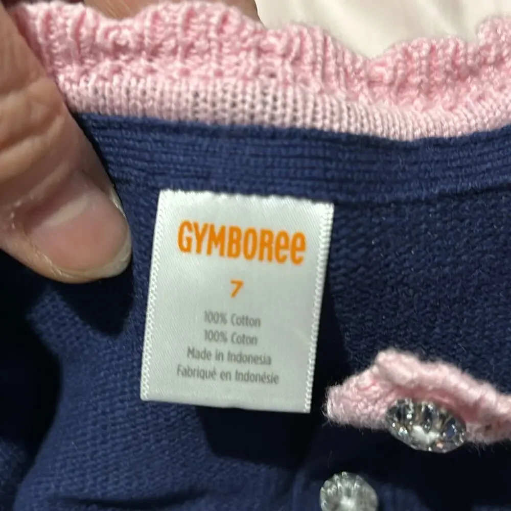 Gymboree 7 💯cotton cardigan blue pink cream crystal like buttons worn once euc